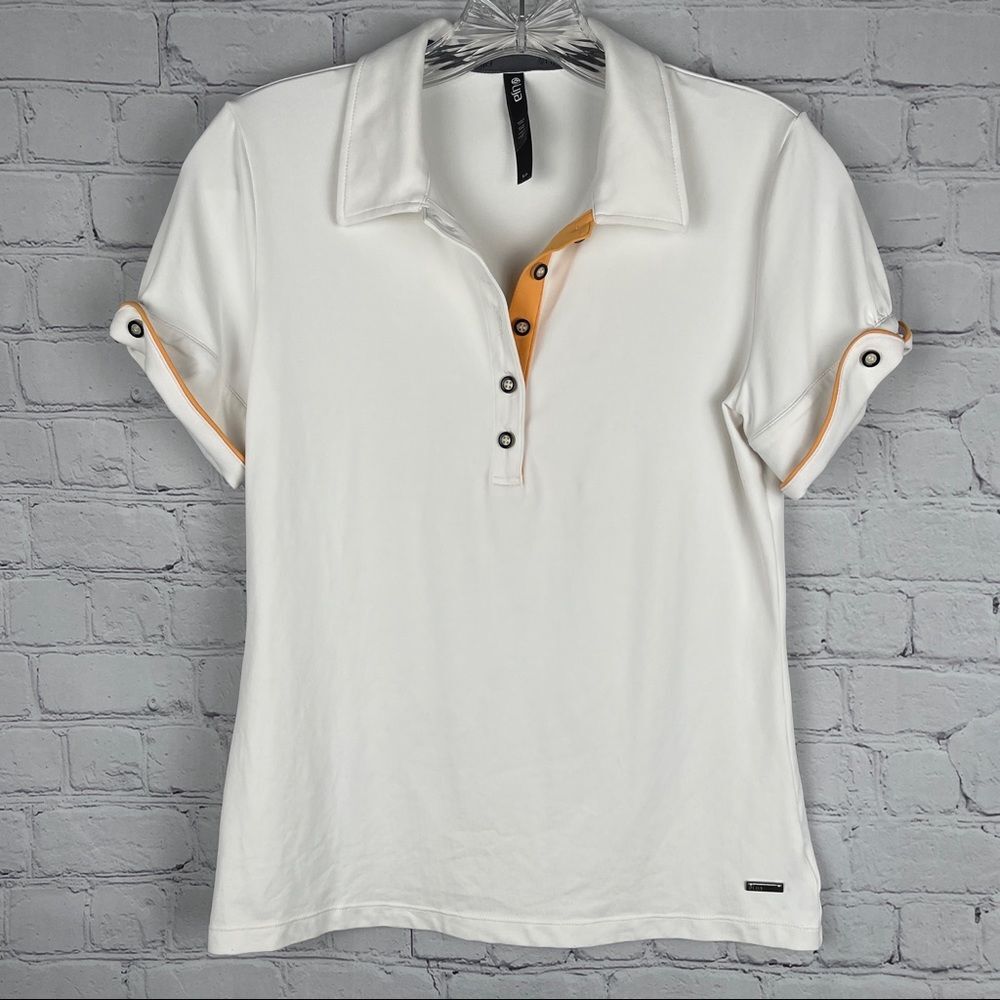 LIJA women's white with orange trim short sleeve golf tennis polo shirt, size S